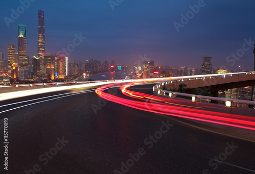 Empty road floor with bird-eye view at Shanghai bund Skyline