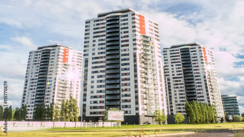 Apartment buildings. Multistoried modern and stylish living block of flats. 4k Apartment buildings. Multistoried modern and stylish living block of flats. 4k