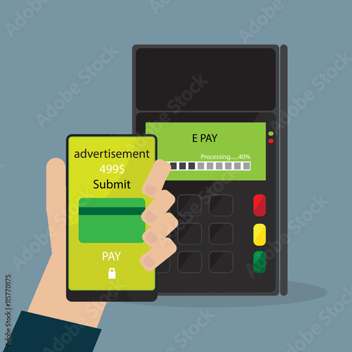 Human hand with Smart-phone nfc payments concept, E-payment technology. vector illustration in flat design..