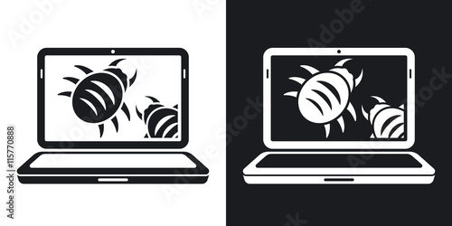 Laptop is infected by malware, vector illustration. Two-tone version on black and white background