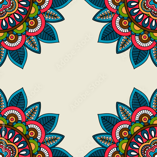 Fototapeta Naklejka Na Ścianę i Meble -  Indian doodle floral corners frame. Vector illustration