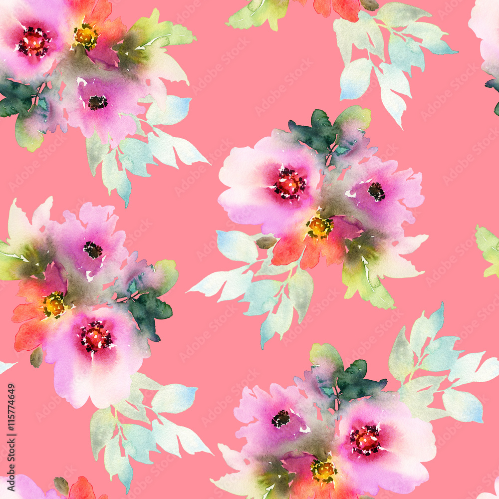 Fototapeta premium Seamless pattern with flowers watercolor
