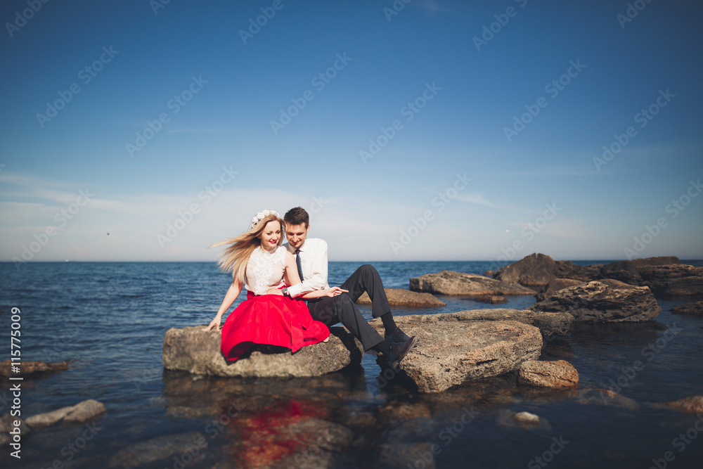 Charming bride, elegant groom on landscapes of mountains and sea Gorgeous wedding couple