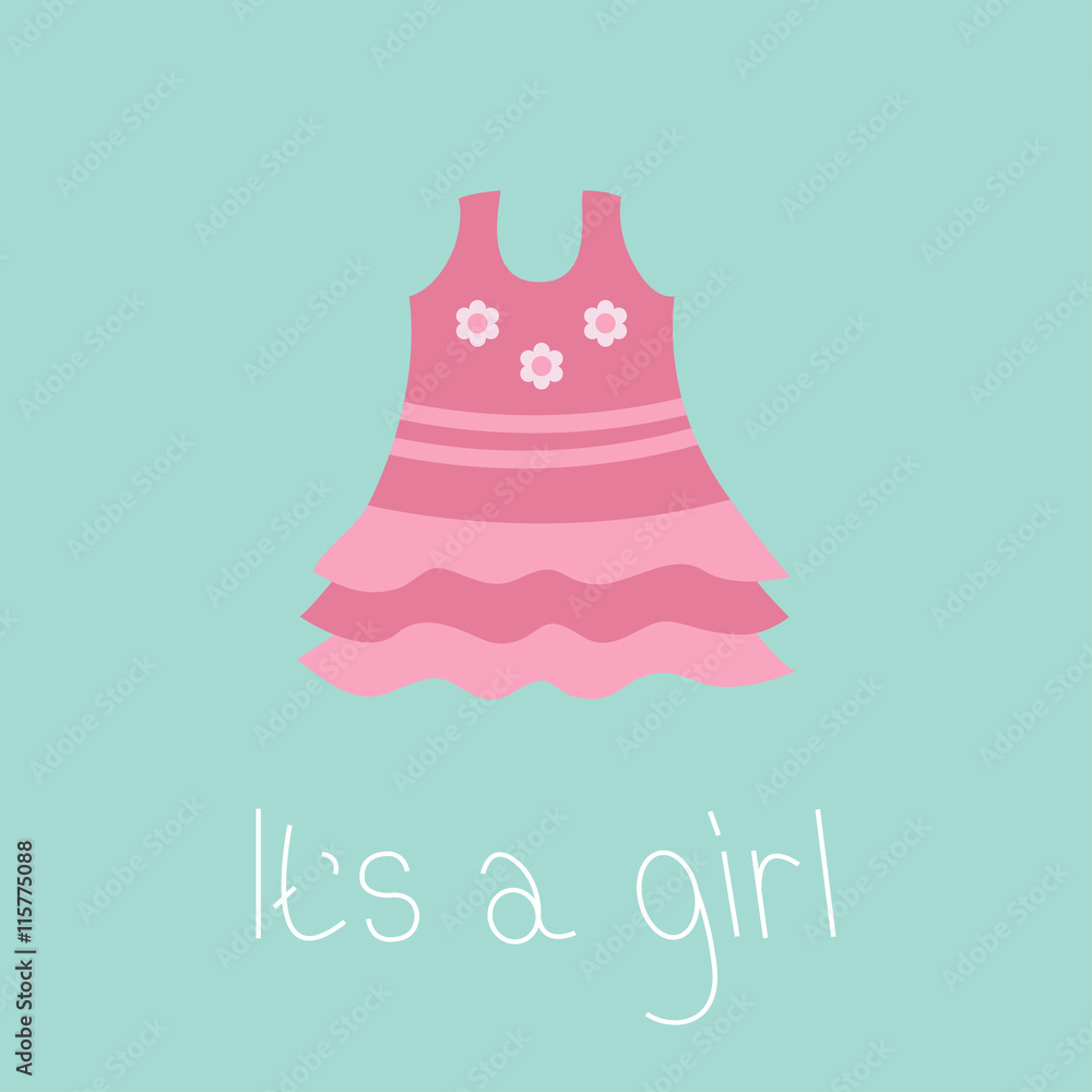 Pink dress with daisy chamomile flowers. Baby shower card. Its a girl. Flat design style