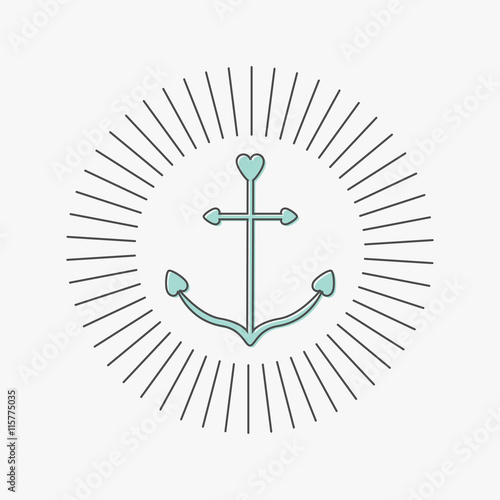 Anchor in shapes of heart. Round thin line frame icon label. Ship anchor. Blue color. Nautical sign symbol. Isolated White background. Flat design