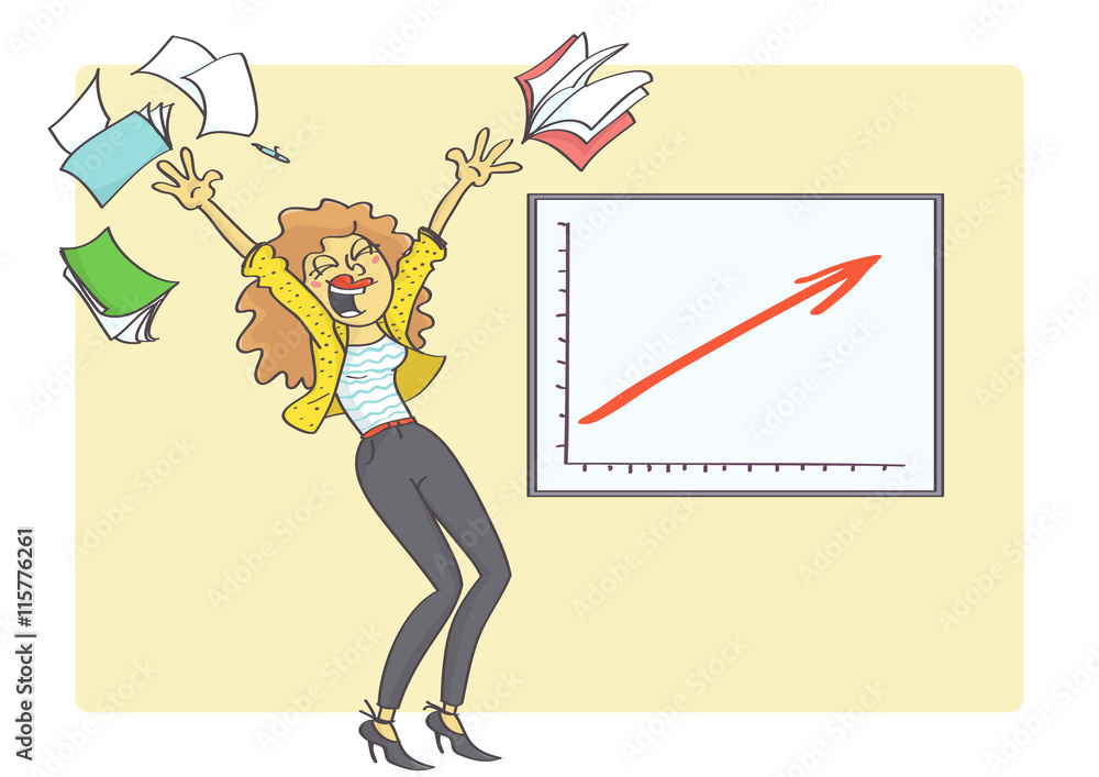 Cartoon illustration of overjoyed business woman because business chart is  showing business growth and success. Woman and business success. Stock  Vector | Adobe Stock
