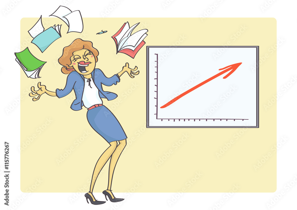 Cartoon illustration of overjoyed and happy business woman because business  chart is showing growth and success. Woman and business success. Stock  Vector | Adobe Stock