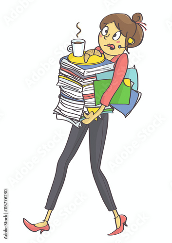 Illustration of business woman, secretary or clerk overloaded with office tasks and work, all in stress. Exhausted, overworked multitasking woman, secretary or a trainee carrying office stuff.