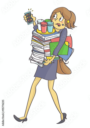 Illustration of business woman, secretary or clerk overloaded with office tasks and work, all in stress. Exhausted, overworked multitasking woman carrying office things.