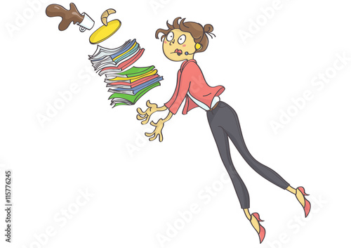 Cartoon illustration of overworked business woman, secretary or trainee stumbling and dropping office stuff and coffee.