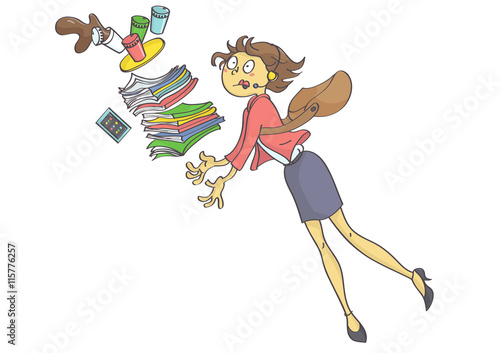 Illustration of overworked business woman, secretary or trainee stumbling and dropping office stuff and coffee.