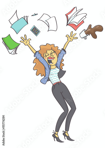 Overjoyed, happy business woman, clerk or secretary throwing office stuff and coffee in the air.