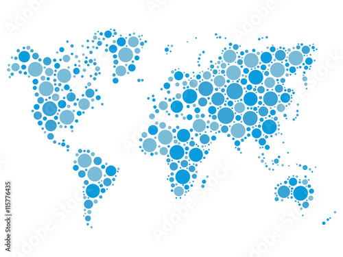 World map mosaic of blue dots in various sizes and shades on white background. Vector illustration. World map background theme.