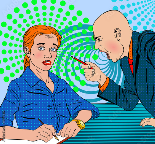 angry boss swears on the subordinate frightened in a pop art sty
