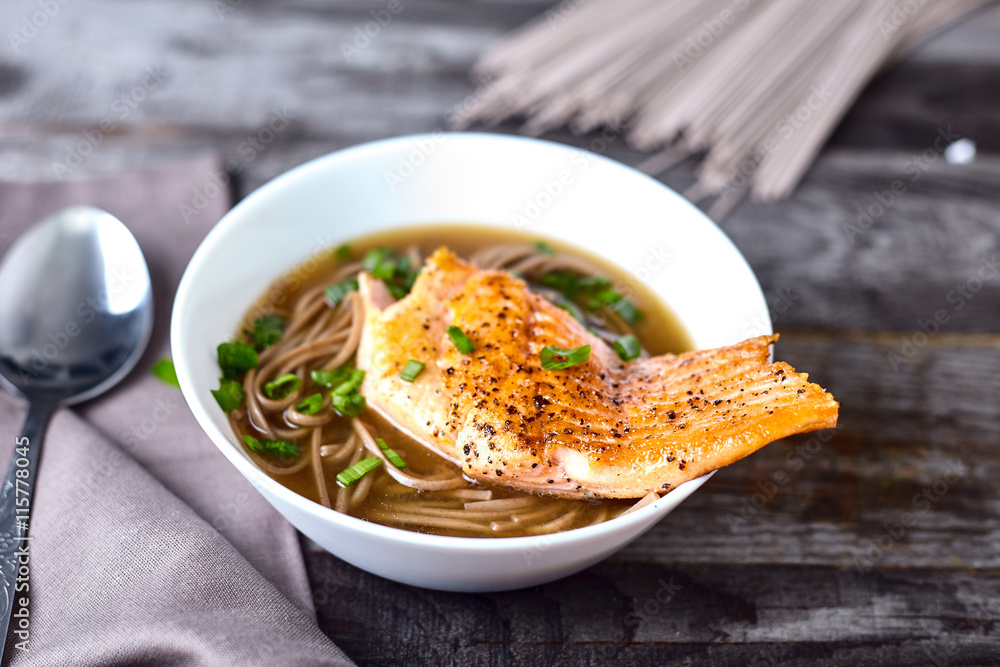 Bowl of soba noodle salmon asian soup Bowl of soba noodle salmon asian soup