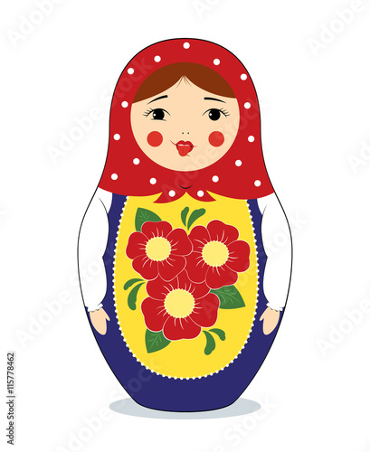 Vector colorful illustration of a russian nesting doll Matryoshka making funny face, showing her tongue. Bright colors, traditional ornaments. Isolated on white.