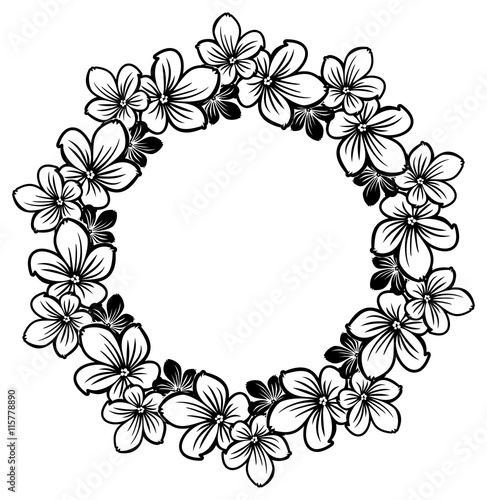 Black and white round frame with abstract flowers silhouettes. Vector clip art.