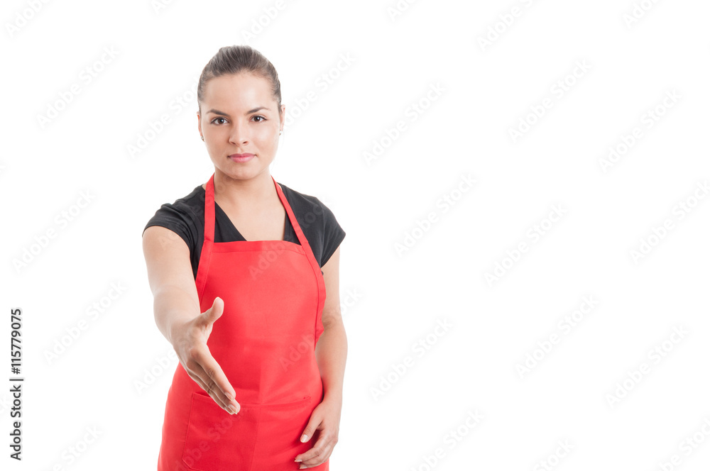 Welcoming or agreement concept with woman employee Welcoming or agreement concept with woman employee