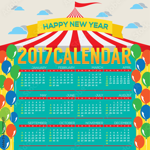 2017 Printable Calendar Starts Sunday Circus Concept Vector Illustration.