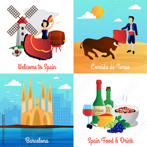 Spain Travel Concept 4 Flat Icons Square