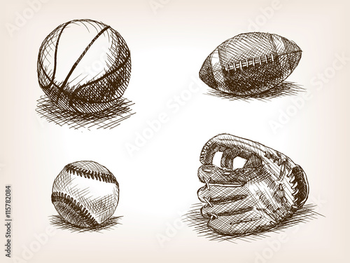 Ball and sport glove hand drawn sketch vector