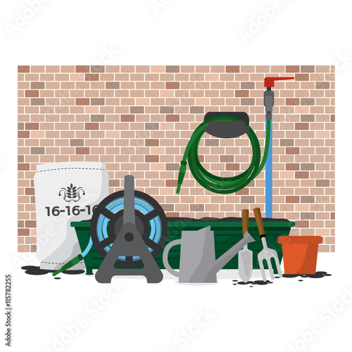Garden Equipment In Front Of Brick Wall Vector Illustration.