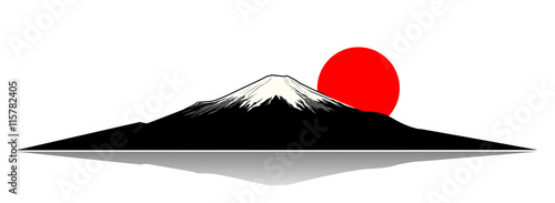 Mount Fuji.Mount Fuji and the red sun silhouette. 