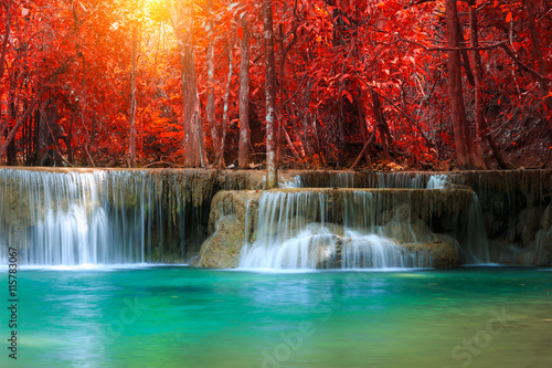 Fototapeta Naklejka Na Ścianę i Meble -  The landscape photo, Huay Mae Kamin Waterfall, beautiful waterfall in autumn forest, Kanchanaburi province, Thailand