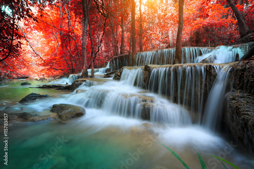 Fototapeta Naklejka Na Ścianę i Meble -  The landscape photo, Huay Mae Kamin Waterfall, beautiful waterfall in autumn forest, Kanchanaburi province, Thailand