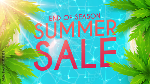 Summer sale banner. Beautiful background on the sea topic with palm trees. Vector discount illustration. Hello Summer Holiday backdrop.