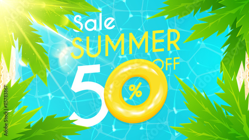 Summer sale banner. Beautiful background on the sea topic with palm trees and with sun ligths. Vector discount illustration. Shiny holiday backdrop.