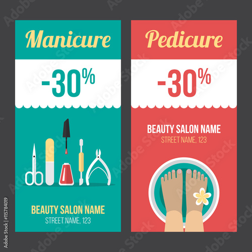 Vector manicure and pedicure discount flyer, voucher, coupon, poster or banner templates. Flat style. Eps 10.