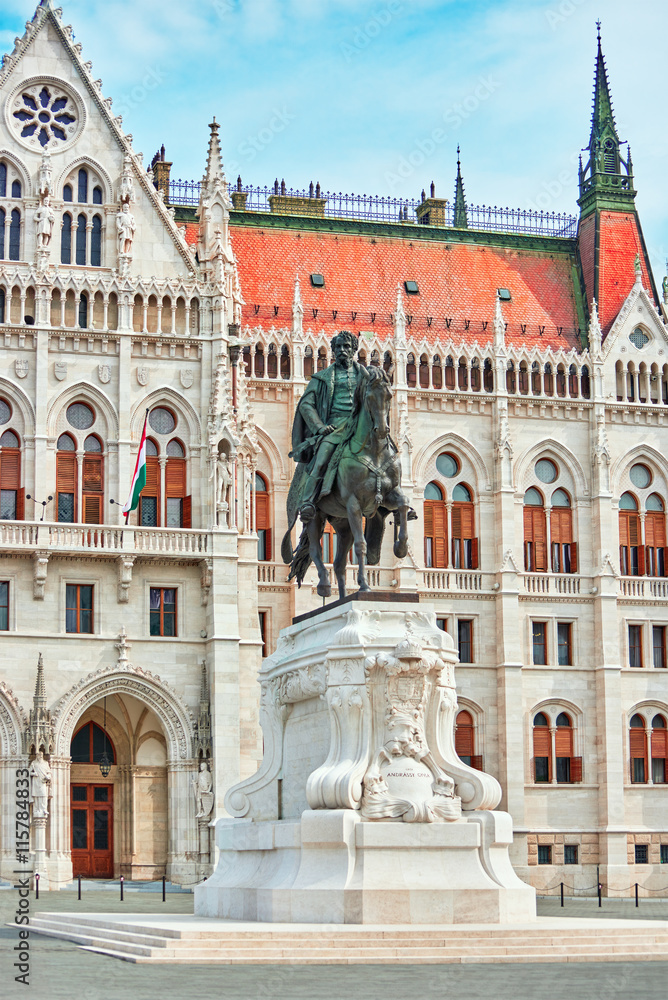 Hungarian Parliament  with statue Andrassy Gyvla. Budapest.