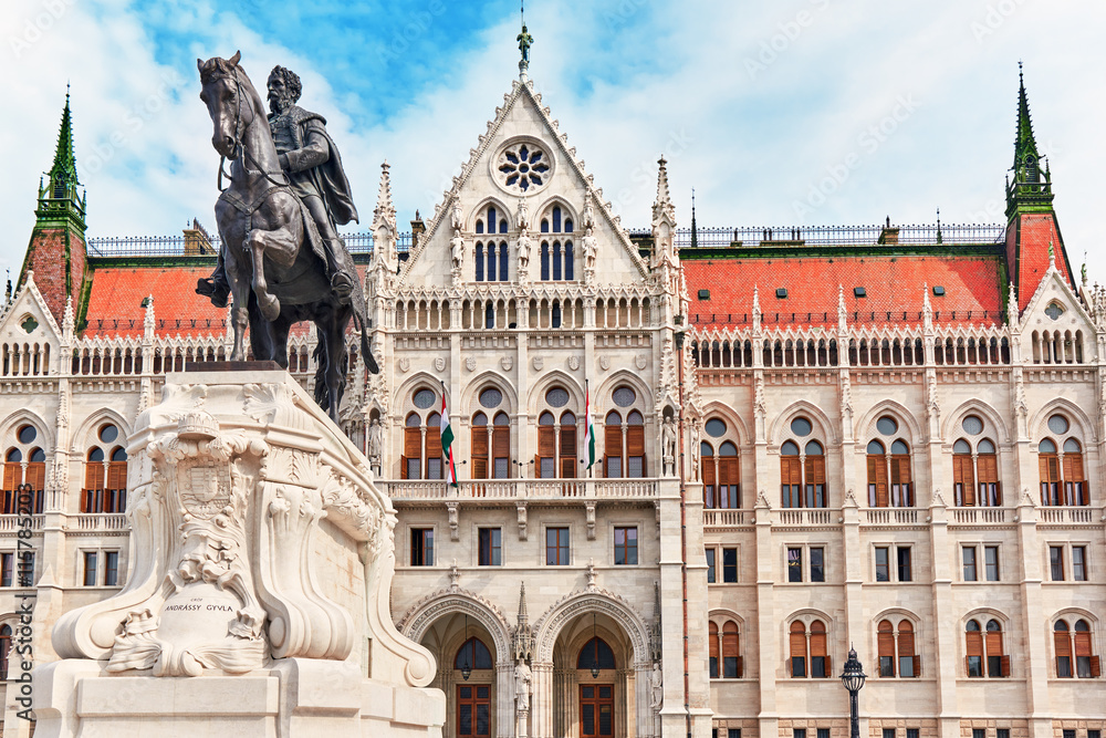 Hungarian Parliament  with statue Andrassy Gyvla. Budapest.