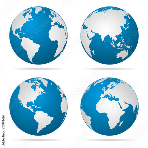 Earth globe revolved in four different stages with shadow. Vector illustration