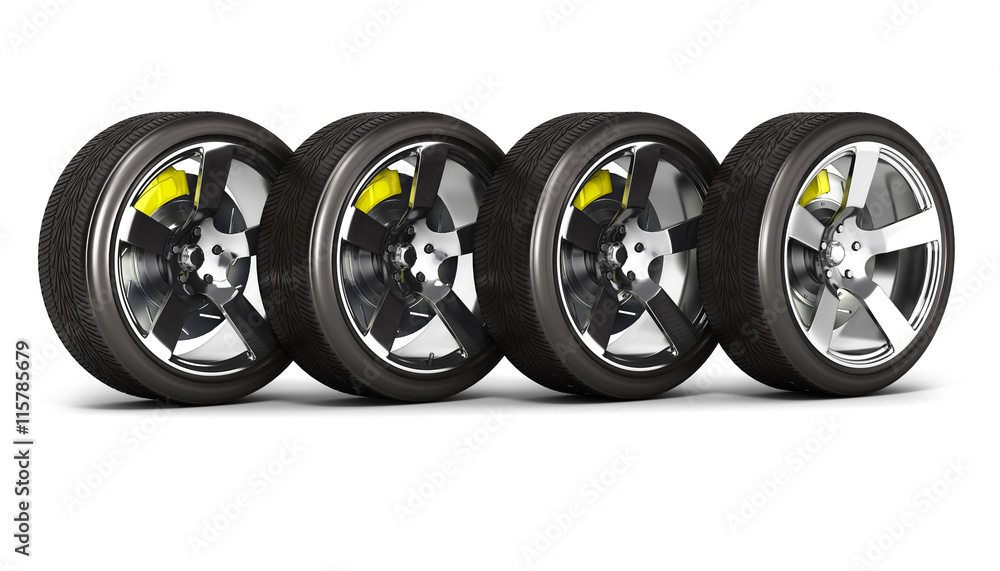 Car wheels with brake isolated on white background 3d Car wheels with brake isolated on white background 3d