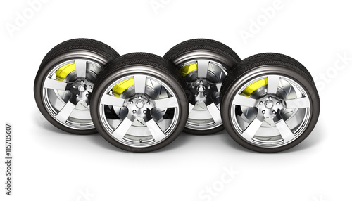 Car wheels with brake isolated on white background 3d