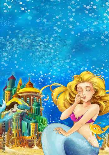 Cartoon fantasy scene on underwater kingdom - beautiful manga girl - mermaid friends - illustration for children