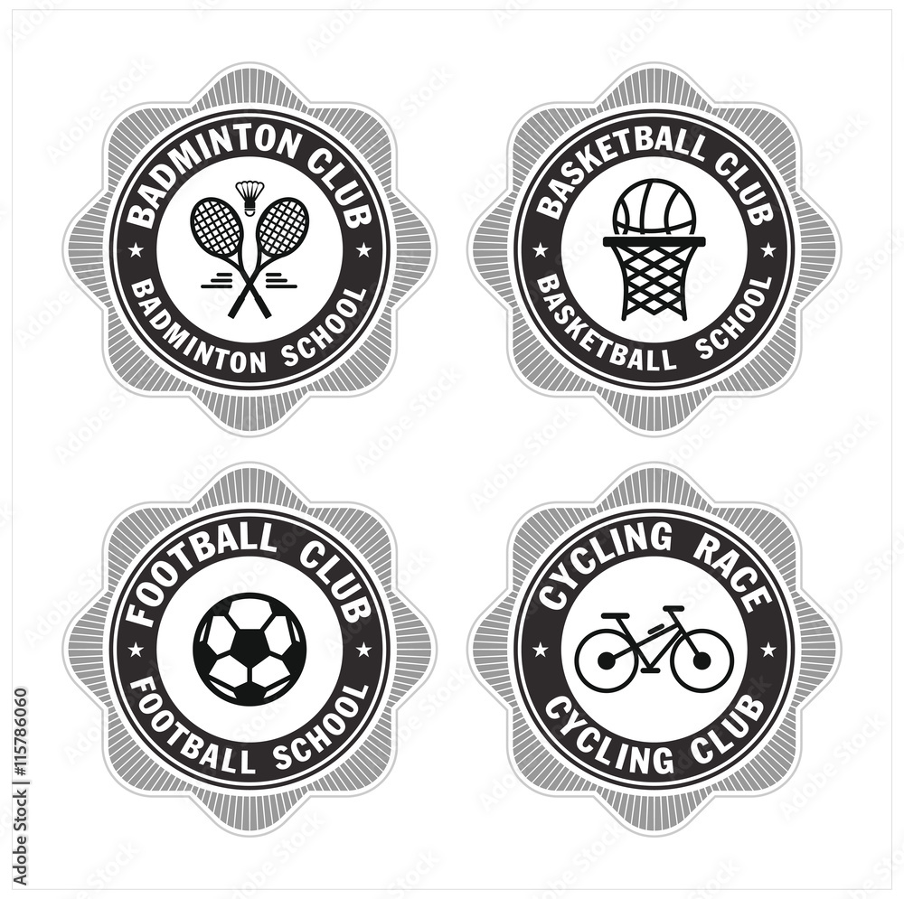 Sports vector logos logos. Badminton, basketball, football, Cycling. Sports schools and clubs
