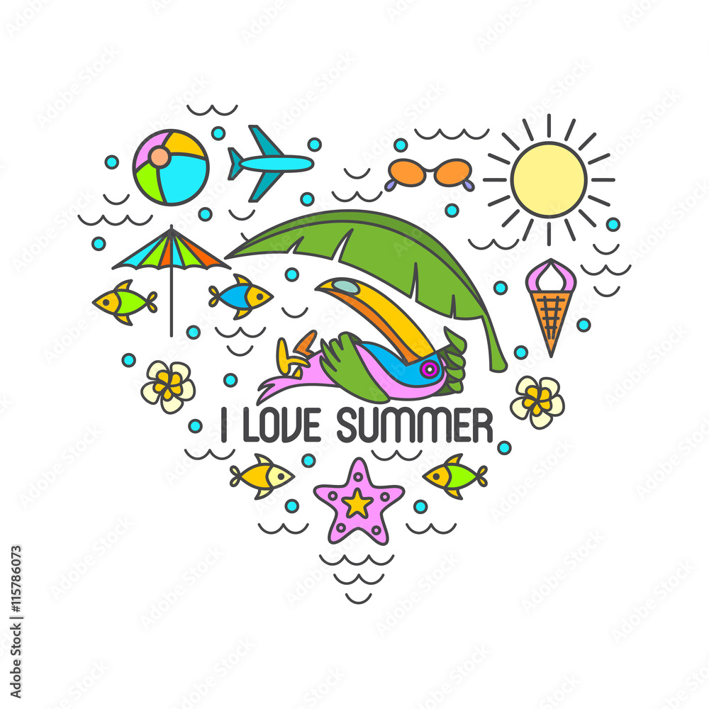 Summer beach infographics. A set of symbols and elements to print on t-shirts