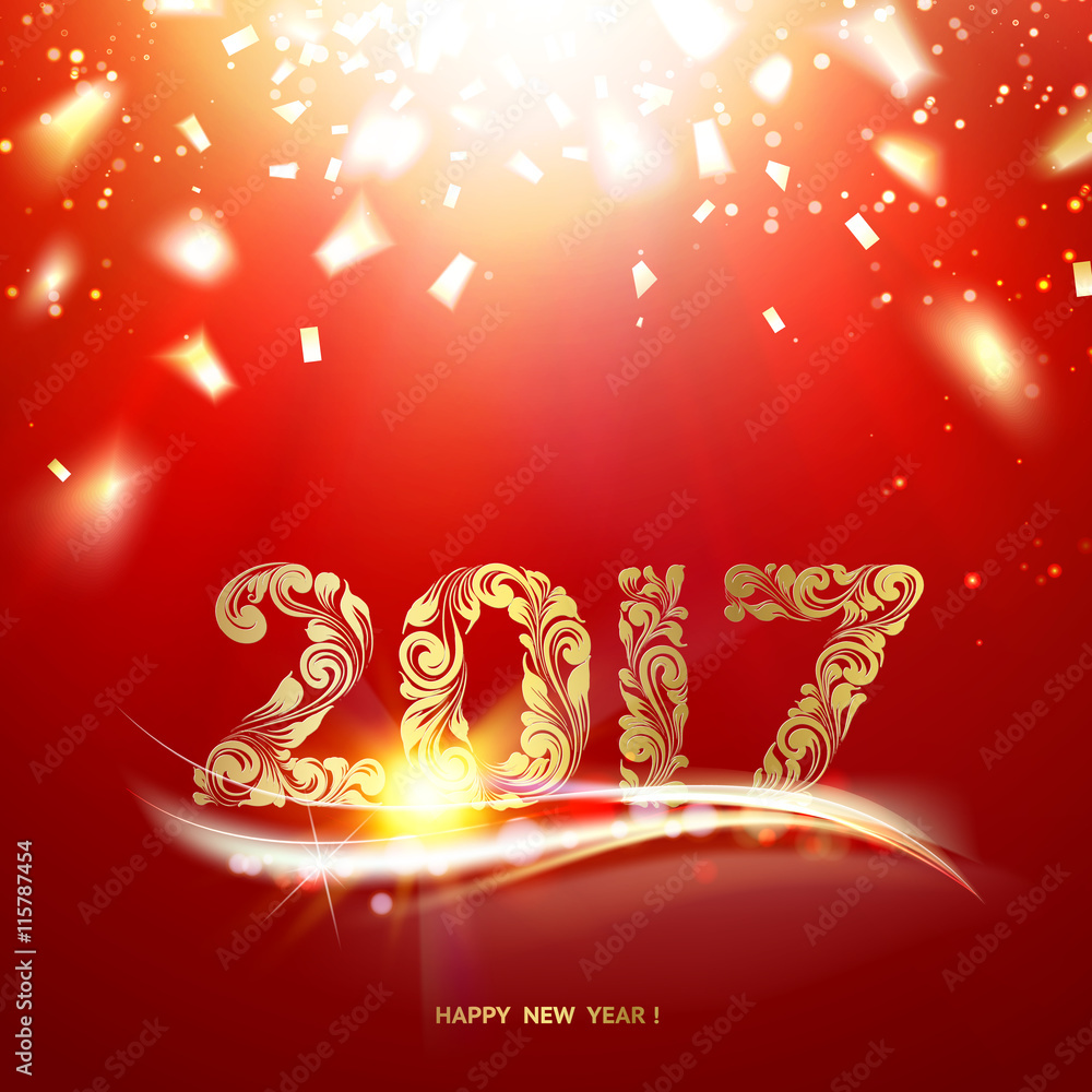 Happy new year card. Gold template over red background with golden sparks. Happy new year 2017. Black space abstraction. Fallen snow and sun rays in the red area. Vector illustration.