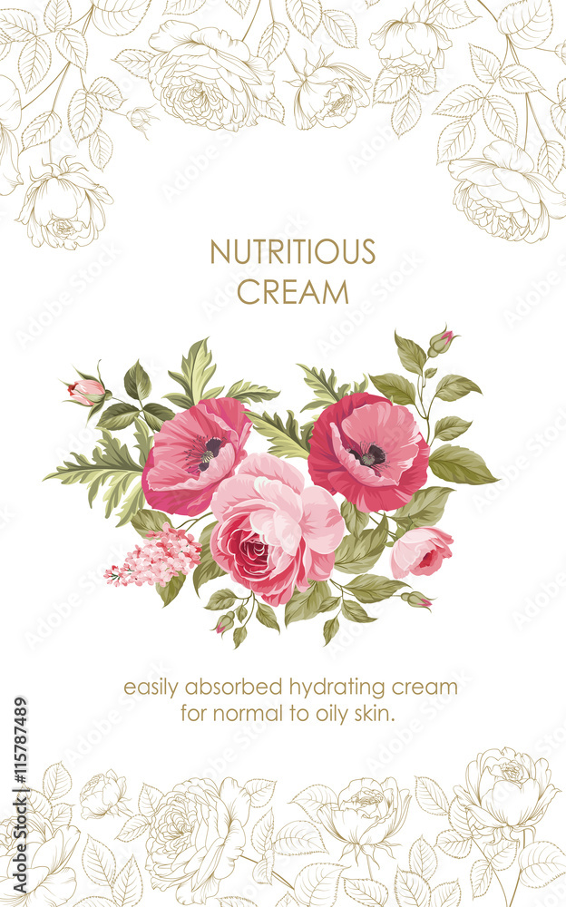 Flower garland for label design. Regenerate cream with flowers. Concept for skin care cosmetic. Vector illustration. Vector illustration.