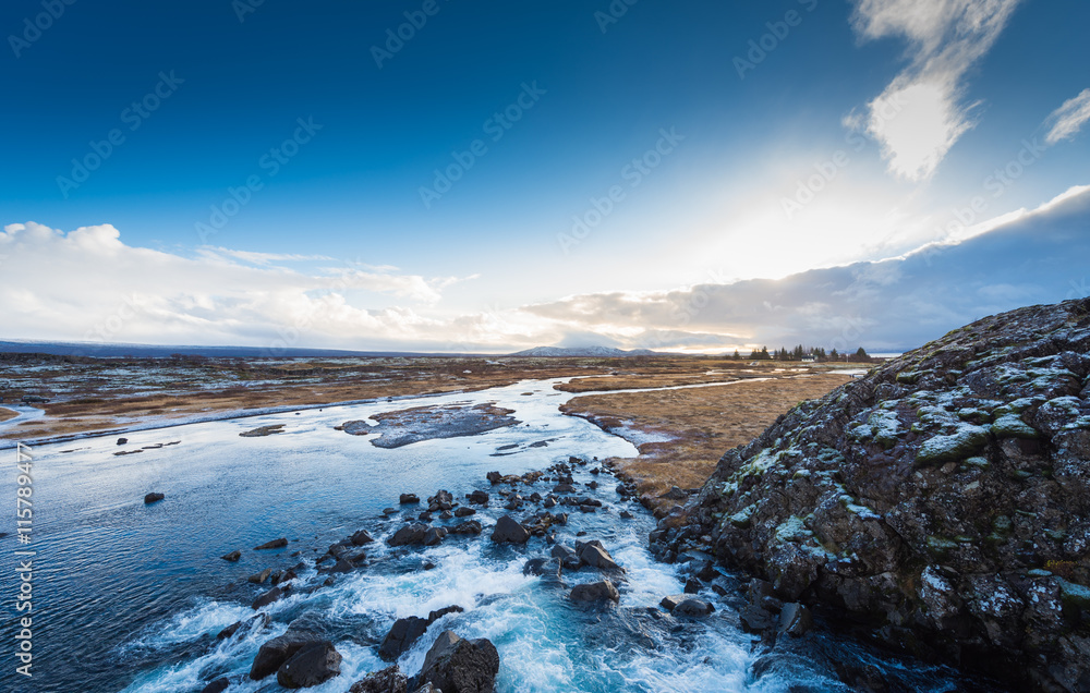 Snow covered mountains in Iceland in the winter, thingvellir National Park.