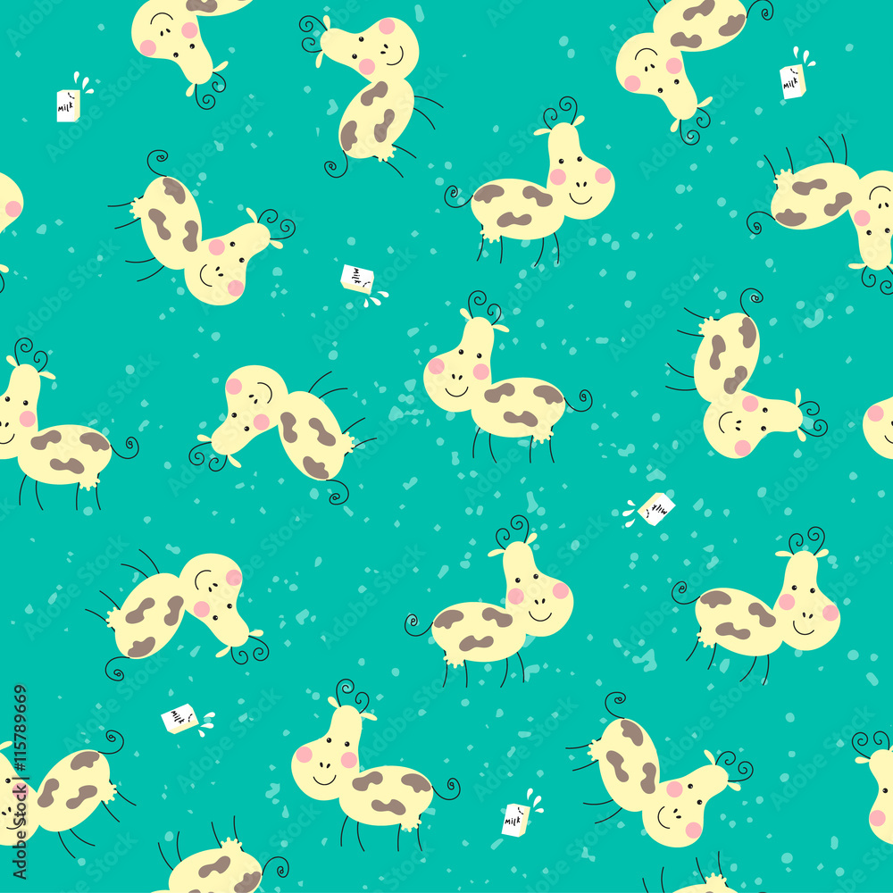 Fototapeta Seamless pattern with happy cow and milk.