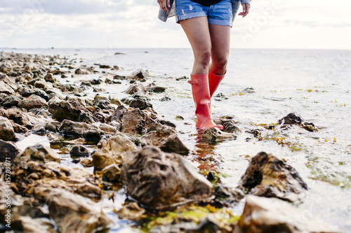 Low section of woman walking on beach