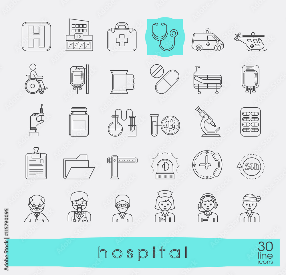 Fototapeta premium Collection of medical icons. Set of premium quality line icons related to medicine, hospital, emergency.