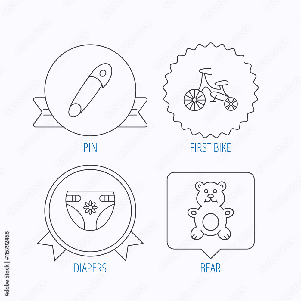 Bear toy, diapers and first bike icons.