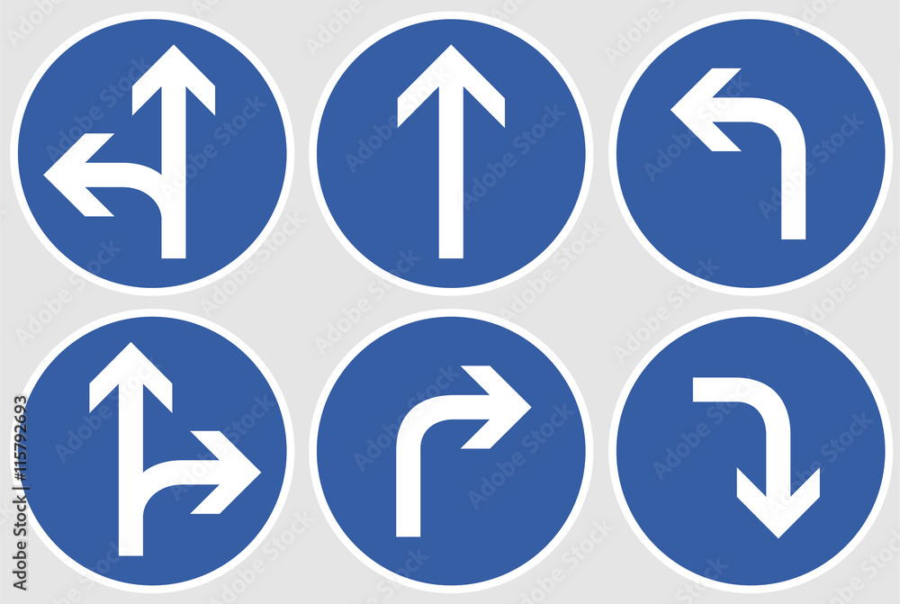 blaue Straßenschilder mit Abbiegerichtung blaue Straßenschilder mit Abbiegerichtung