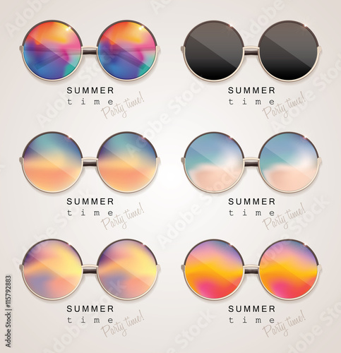 Set of colorful sunglasses with abstract gradient mesh glass mirrors isolated on light background with summer time, party time lettering typography