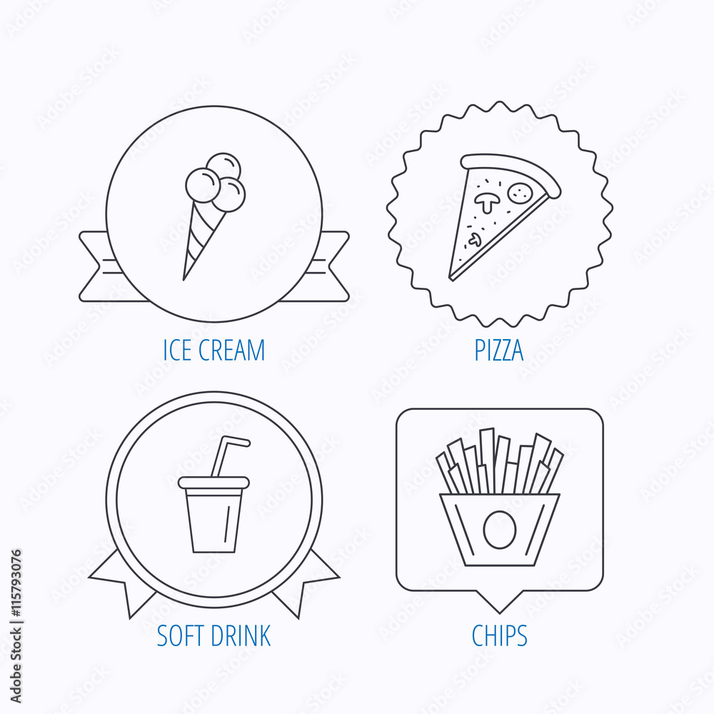Ice cream, pizza and soft drink icons. Ice cream, pizza and soft drink icons.